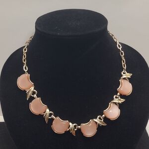 Vintage gold tone and pink moon glow stone necklace